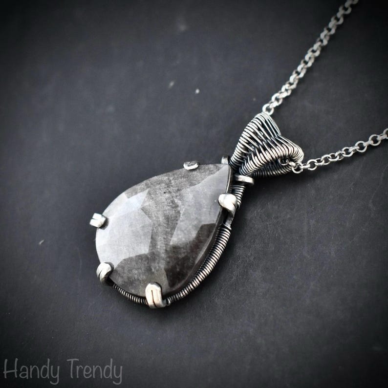 Silver obsidian prong pendant, 925 sterling silver Wire wrapped jewelry, Unique handmade gift, Artisan necklace, One of a kind piece