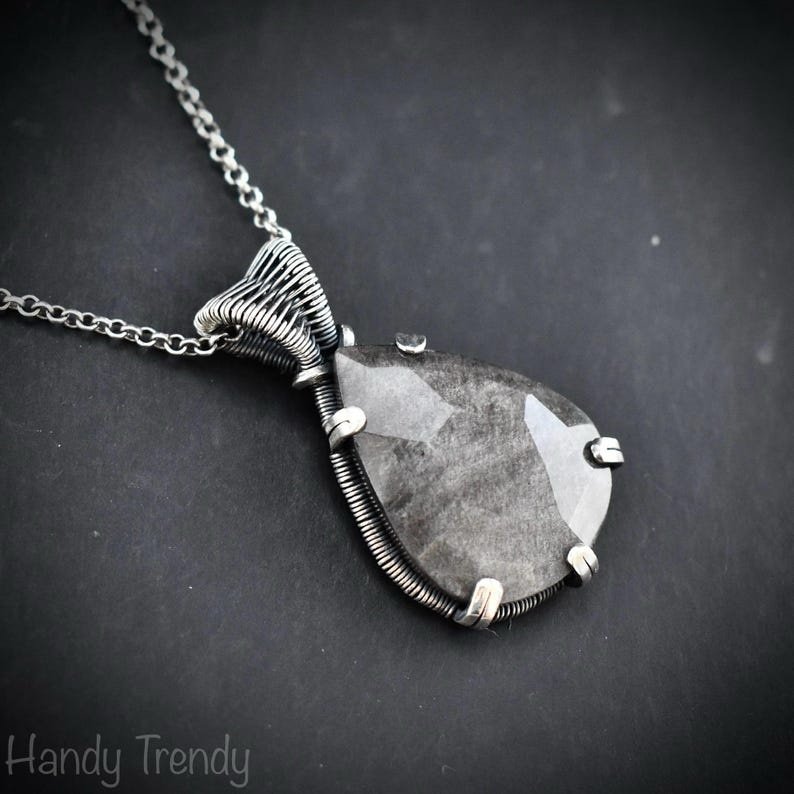 Silver obsidian prong pendant, 925 sterling silver Wire wrapped jewelry, Unique handmade gift, Artisan necklace, One of a kind piece