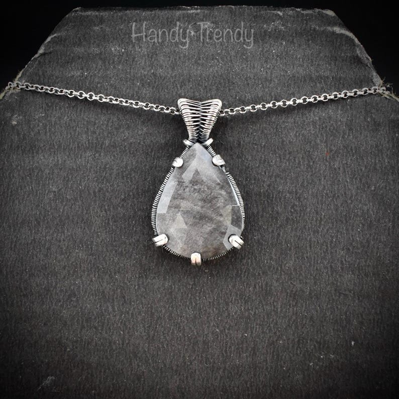 Silver obsidian prong pendant, 925 sterling silver Wire wrapped jewelry, Unique handmade gift, Artisan necklace, One of a kind piece