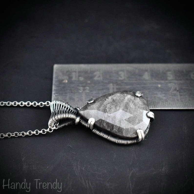 Silver obsidian prong pendant, 925 sterling silver Wire wrapped jewelry, Unique handmade gift, Artisan necklace, One of a kind piece