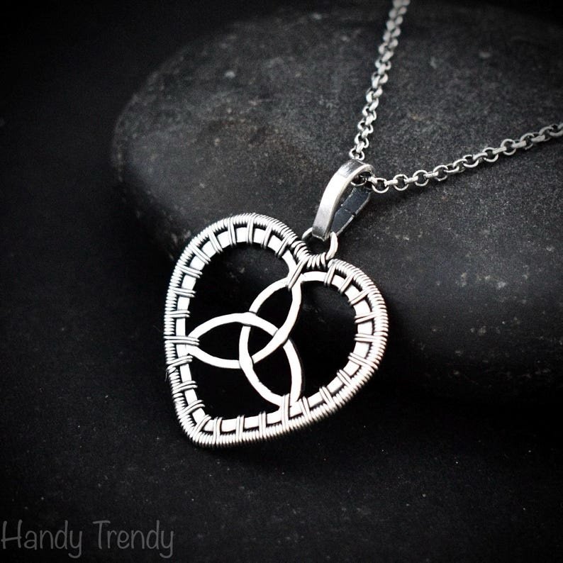 Triquetra heart pendant, 925 sterling silver wire wrapped necklace, Unique handmade gift, one of a kind artisan jewelry, Statement piece