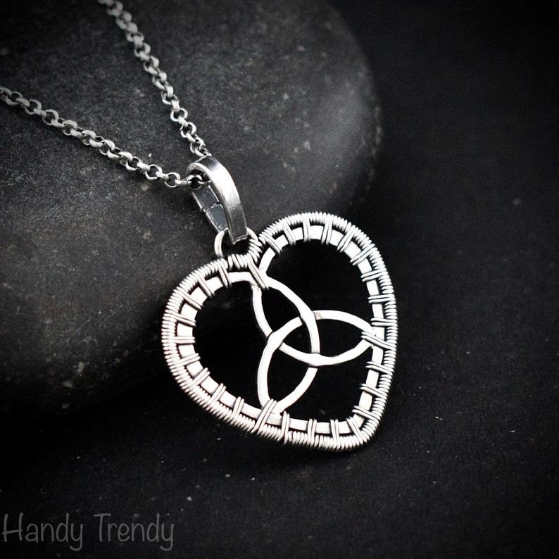 Triquetra heart pendant, 925 sterling silver wire wrapped necklace, Unique handmade gift, one of a kind artisan jewelry, Statement piece