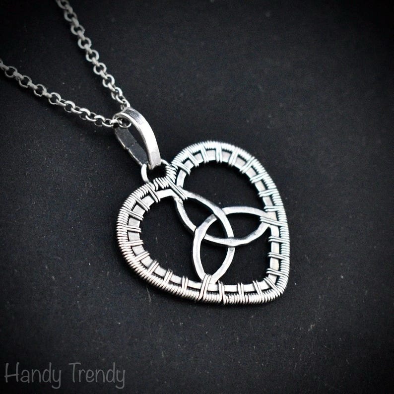 Triquetra heart pendant, 925 sterling silver wire wrapped necklace, Unique handmade gift, one of a kind artisan jewelry, Statement piece