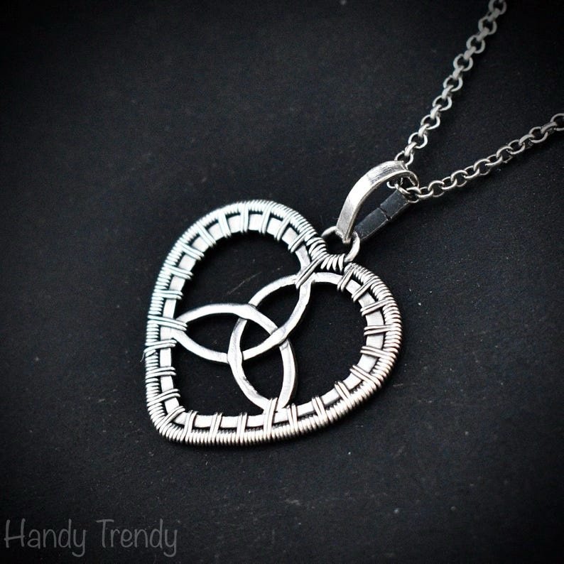 Triquetra heart pendant, 925 sterling silver wire wrapped necklace, Unique handmade gift, one of a kind artisan jewelry, Statement piece