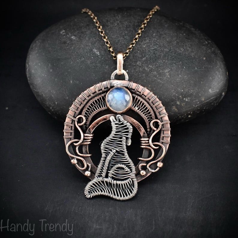 Howling wolf pendant, Moonstone necklace, Copper Wire wrapped jewelry, Unique handmade gift, Wild animal jewelry, One of a kind