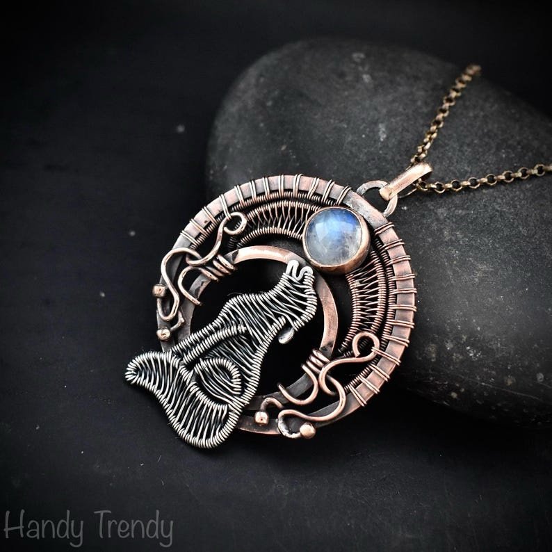Howling wolf pendant, Moonstone necklace, Copper Wire wrapped jewelry, Unique handmade gift, Wild animal jewelry, One of a kind