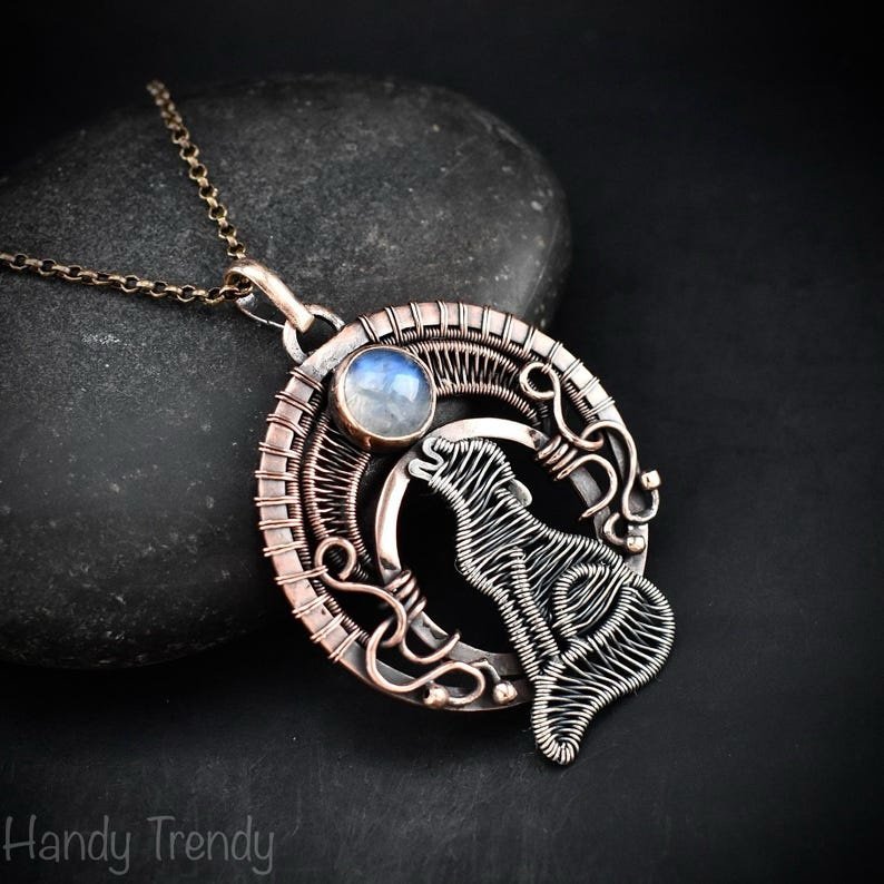 Howling wolf pendant, Moonstone necklace, Copper Wire wrapped jewelry, Unique handmade gift, Wild animal jewelry, One of a kind