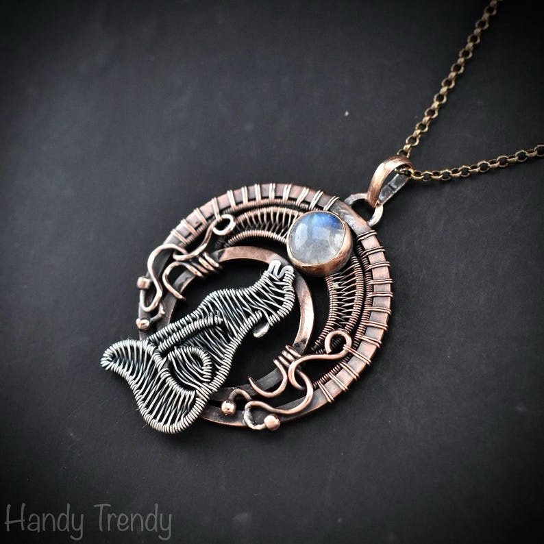 Howling wolf pendant, Moonstone necklace, Copper Wire wrapped jewelry, Unique handmade gift, Wild animal jewelry, One of a kind