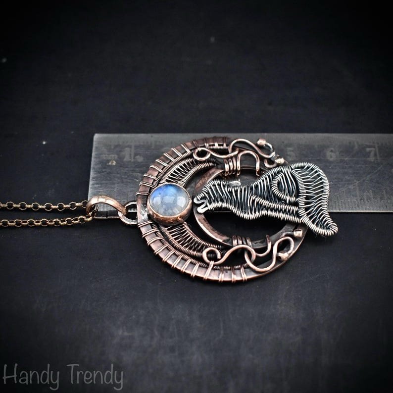 Howling wolf pendant, Moonstone necklace, Copper Wire wrapped jewelry, Unique handmade gift, Wild animal jewelry, One of a kind