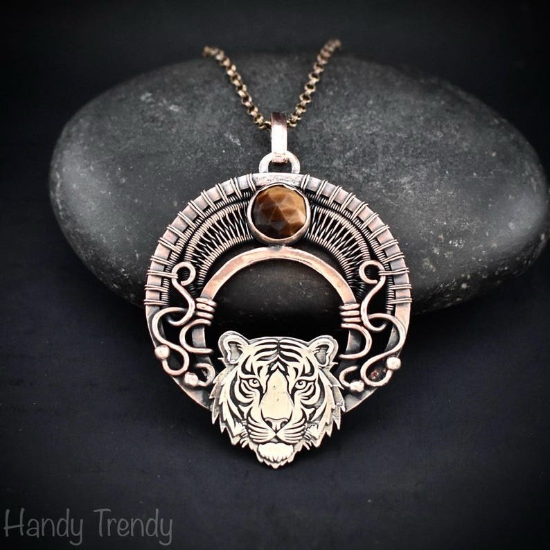 Tiger pendant, Tiger eye 925 sterling silver and Copper Wire wrapped necklace, Unique handmade gift, Wild animal jewelry, One of a kind jewelry