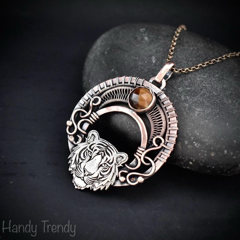 Tiger pendant, Tiger eye 925 sterling silver and Copper Wire wrapped necklace, Unique handmade gift, Wild animal jewelry, One of a kind jewelry