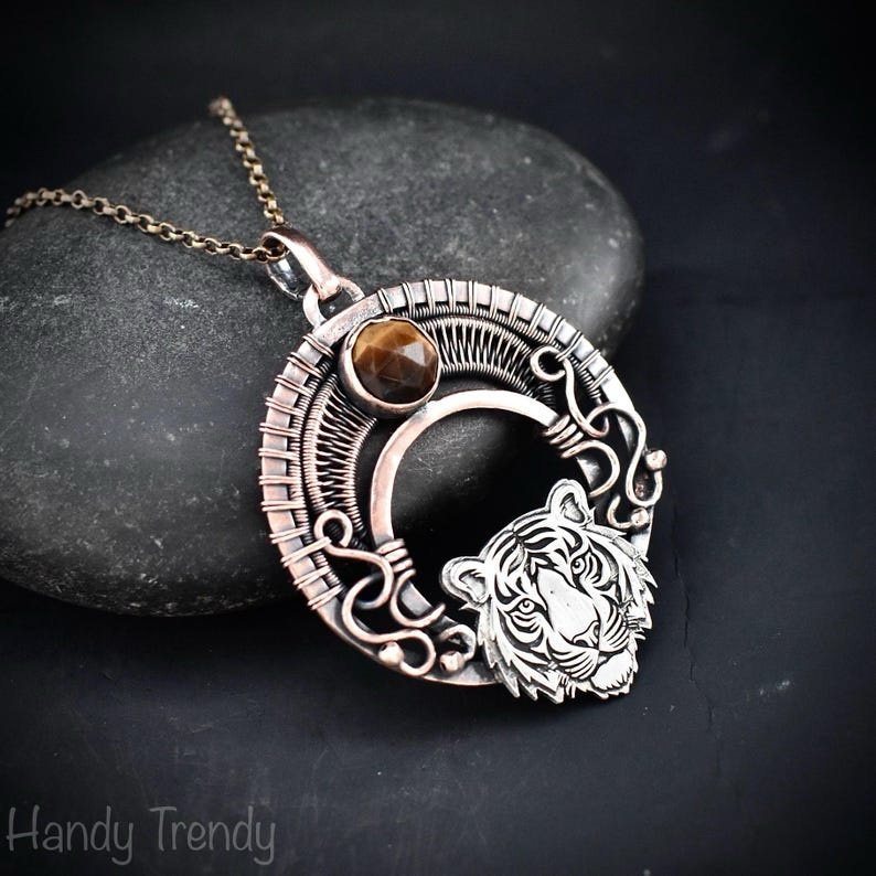 Tiger pendant, Tiger eye 925 sterling silver and Copper Wire wrapped necklace, Unique handmade gift, Wild animal jewelry, One of a kind jewelry