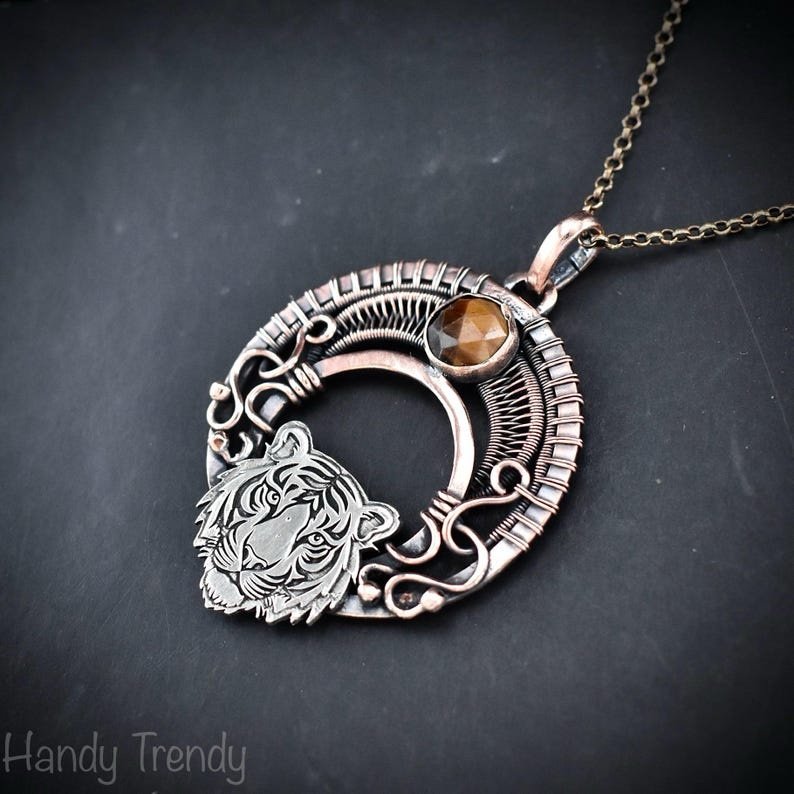 Tiger pendant, Tiger eye 925 sterling silver and Copper Wire wrapped necklace, Unique handmade gift, Wild animal jewelry, One of a kind jewelry