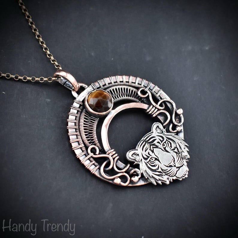 Tiger pendant, Tiger eye 925 sterling silver and Copper Wire wrapped necklace, Unique handmade gift, Wild animal jewelry, One of a kind jewelry
