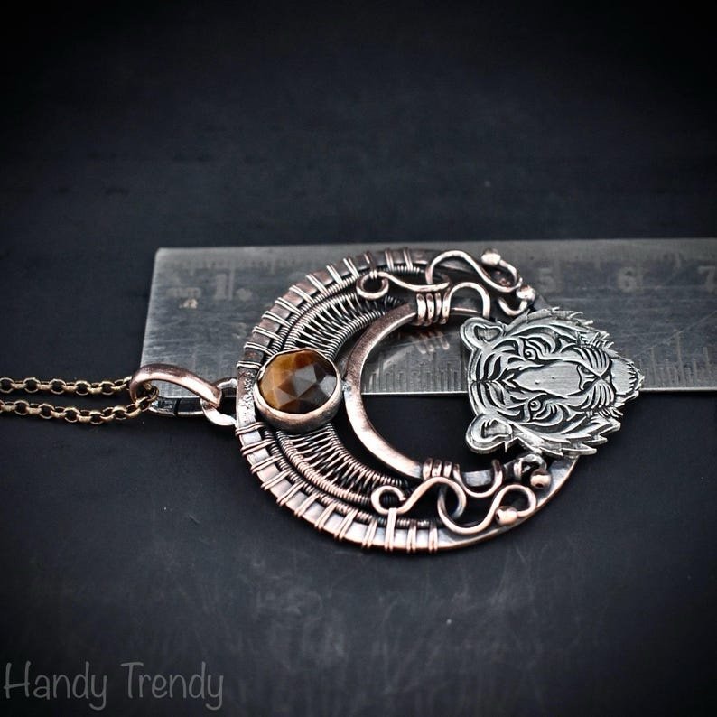 Tiger pendant, Tiger eye 925 sterling silver and Copper Wire wrapped necklace, Unique handmade gift, Wild animal jewelry, One of a kind jewelry