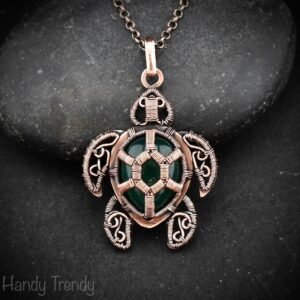 Green onyx sea turtle pendant, Copper wire wrapped animal jewelry, Unique handmade Gift, One of a kind piece, Artisan statement necklace