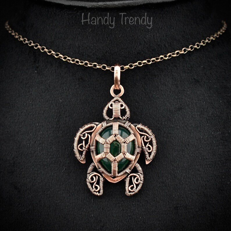 Green onyx sea turtle pendant, Copper wire wrapped animal jewelry, Unique handmade Gift, One of a kind piece, Artisan statement necklace