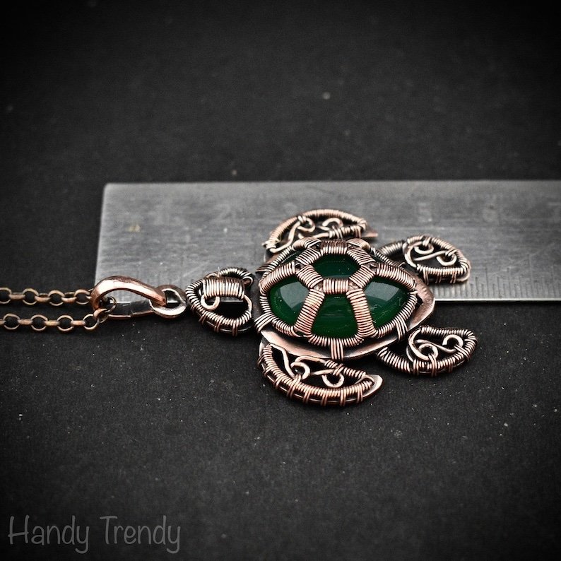 Green onyx sea turtle pendant, Copper wire wrapped animal jewelry, Unique handmade Gift, One of a kind piece, Artisan statement necklace