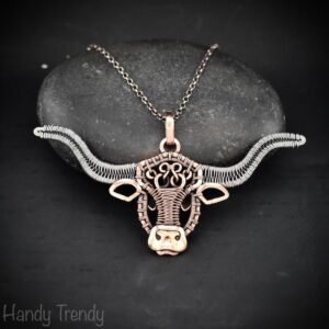 Texas longhorn cow pendant, Mix metal wire wrapped necklace, Unique handmade jewelry gift, Artisan boho style, Animal jewellery
