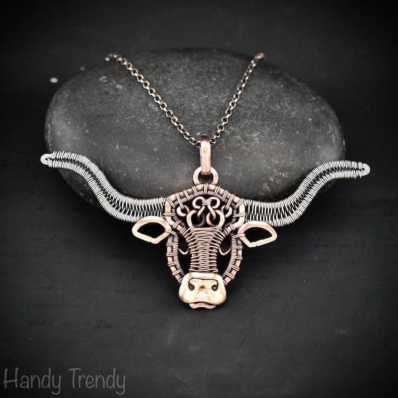 Texas longhorn cow pendant, Mix metal wire wrapped necklace, Unique handmade jewelry gift, Artisan boho style, Animal jewellery