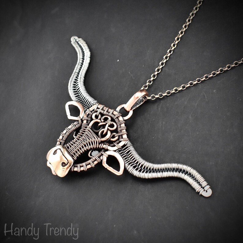 Texas longhorn cow pendant, Mix metal wire wrapped necklace, Unique handmade jewelry gift, Artisan boho style, Animal jewellery