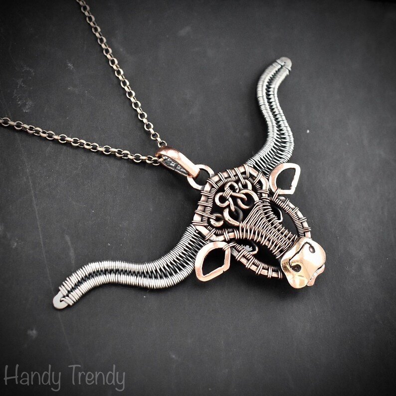 Texas longhorn cow pendant, Mix metal wire wrapped necklace, Unique handmade jewelry gift, Artisan boho style, Animal jewellery