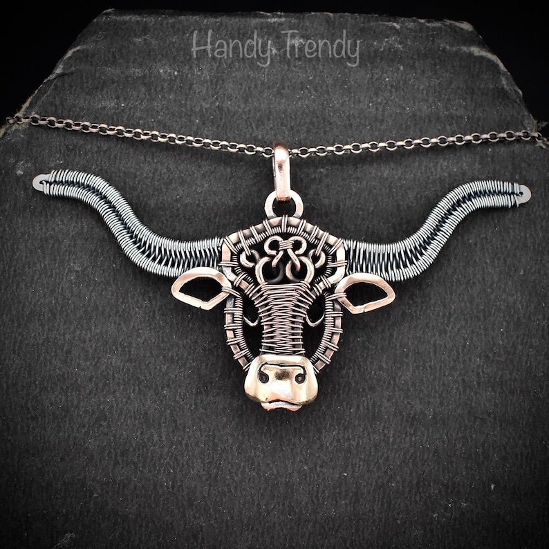 Texas longhorn cow pendant, Mix metal wire wrapped necklace, Unique handmade jewelry gift, Artisan boho style, Animal jewellery