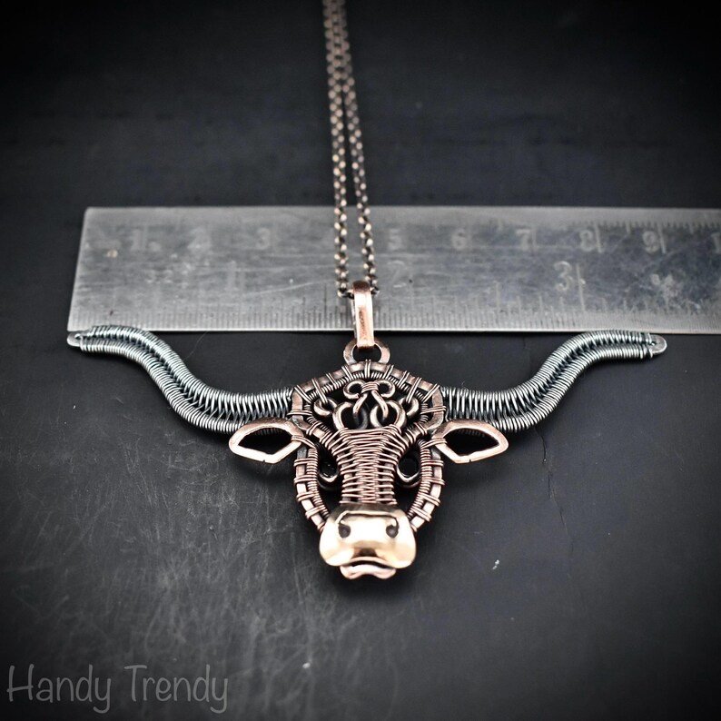 Texas longhorn cow pendant, Mix metal wire wrapped necklace, Unique handmade jewelry gift, Artisan boho style, Animal jewellery