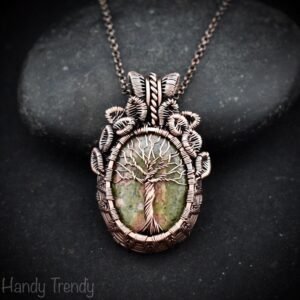 Unakite tree of life pendant, Free-Flow copper wire wrapped necklace, Unique handmade birthday gift, One of a kind artisan boho jewelry