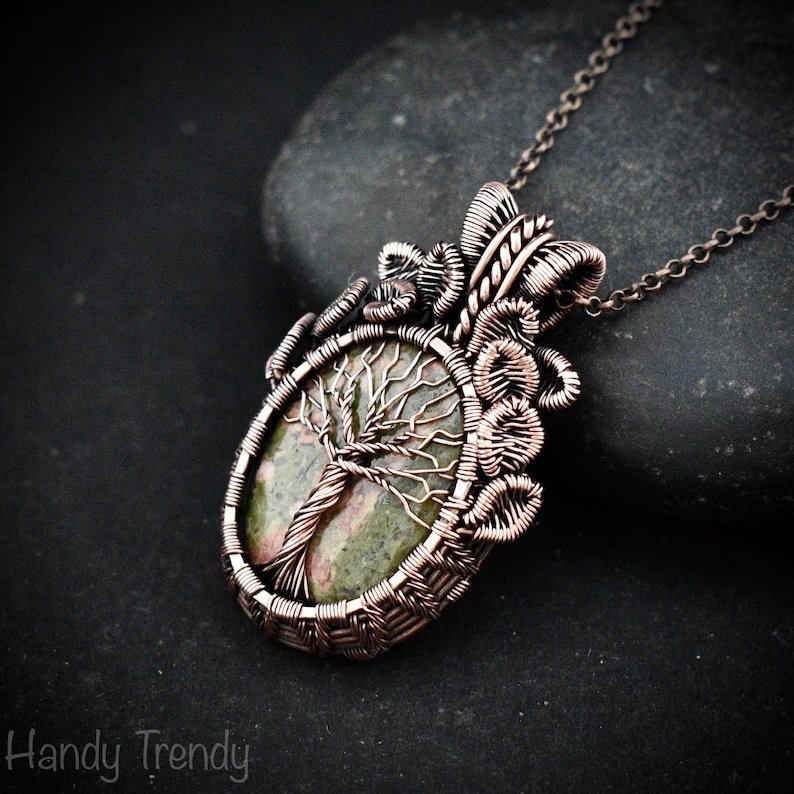 Unakite tree of life pendant, Free-Flow copper wire wrapped necklace, Unique handmade birthday gift, One of a kind artisan boho jewelry
