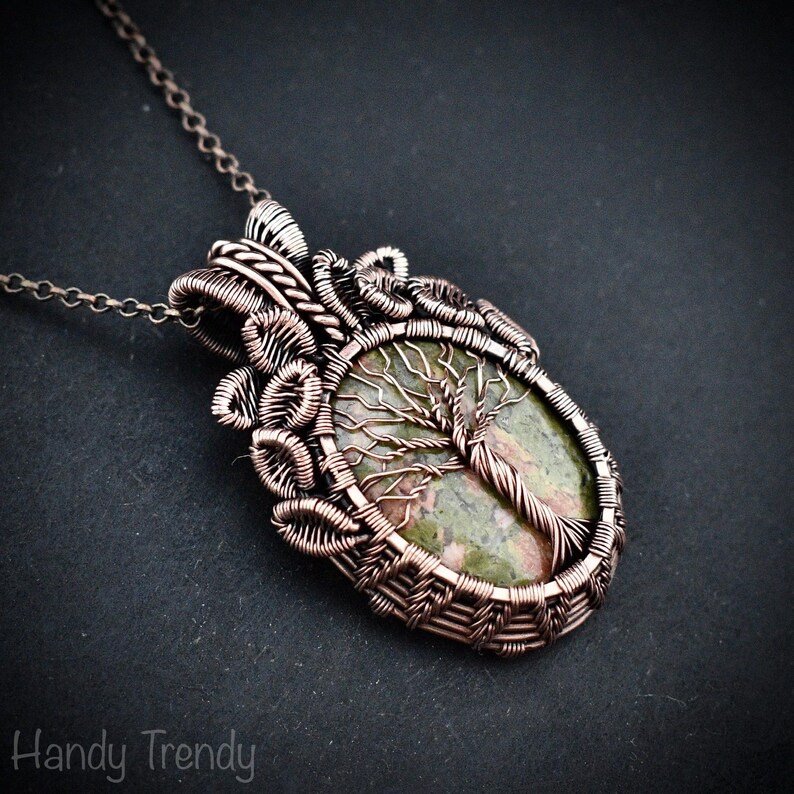 Unakite tree of life pendant, Free-Flow copper wire wrapped necklace, Unique handmade birthday gift, One of a kind artisan boho jewelry