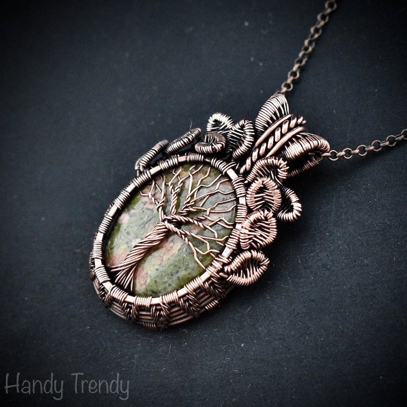 Unakite tree of life pendant, Free-Flow copper wire wrapped necklace, Unique handmade birthday gift, One of a kind artisan boho jewelry