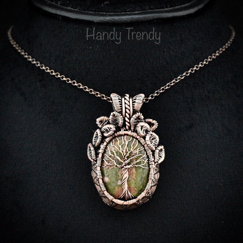 Unakite tree of life pendant, Free-Flow copper wire wrapped necklace, Unique handmade birthday gift, One of a kind artisan boho jewelry