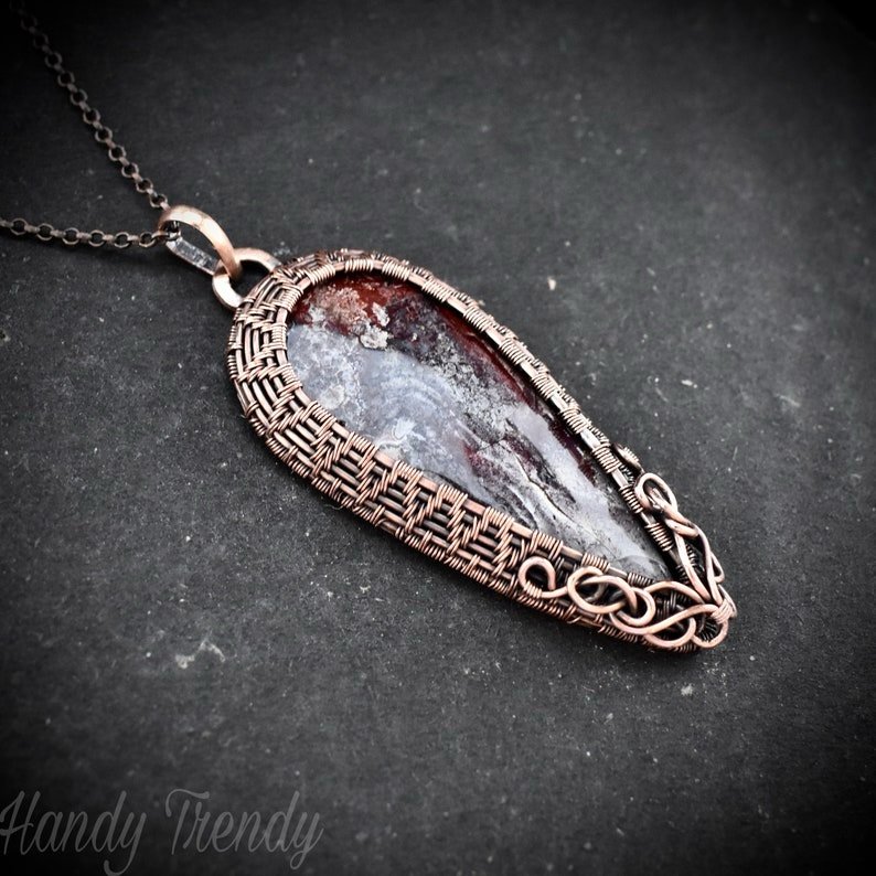 Crazy lace agate cage pendant, Copper wire wrapped jewelry, Unique handmade birthday gift, Celestial artisan jewelry, One of a kind necklace