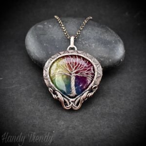 Rainbow solar quartz tree of life pendant, Copper wire wrapped jewelry, Unique handmade birthday gift, Celestial artisan jewelry