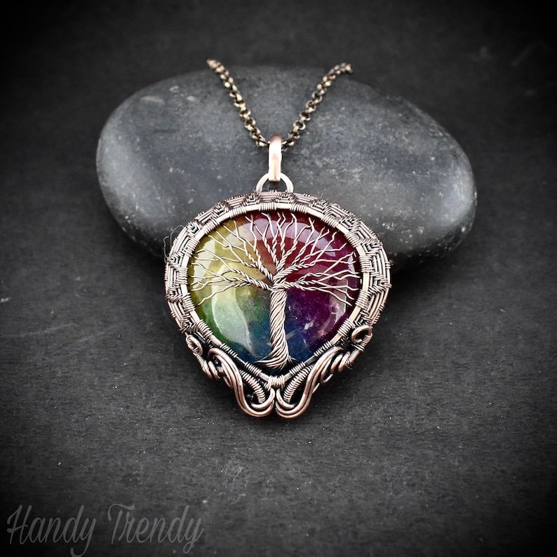 Rainbow solar quartz tree of life pendant, Copper wire wrapped jewelry, Unique handmade birthday gift, Celestial artisan jewelry