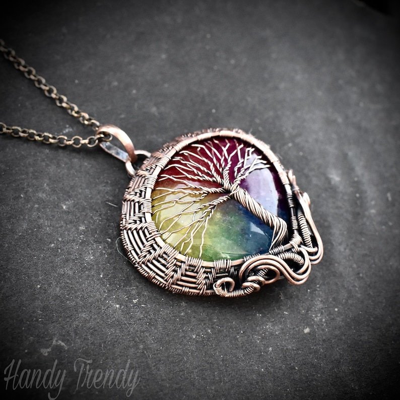 Rainbow solar quartz tree of life pendant, Copper wire wrapped jewelry, Unique handmade birthday gift, Celestial artisan jewelry