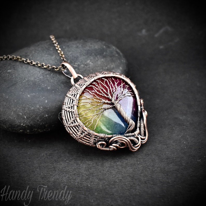 Rainbow solar quartz tree of life pendant, Copper wire wrapped jewelry, Unique handmade birthday gift, Celestial artisan jewelry