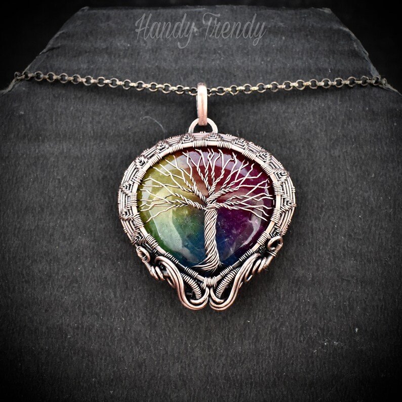 Rainbow solar quartz tree of life pendant, Copper wire wrapped jewelry, Unique handmade birthday gift, Celestial artisan jewelry
