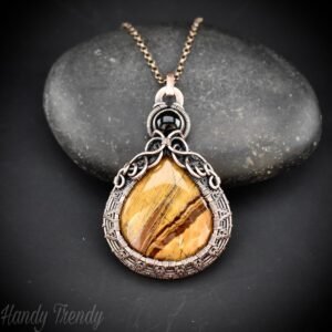 Tiger eye and black onyx double stone pendant, Copper wire wrapped necklace, Unique handmade gift, One of a kind artisan jewelry