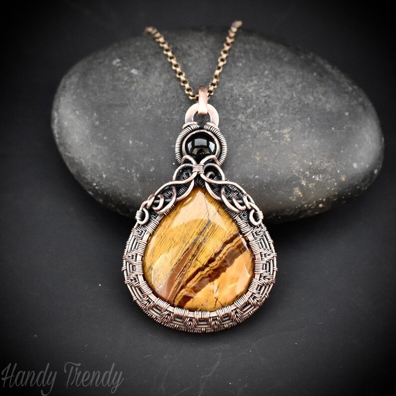 Tiger eye and black onyx double stone pendant, Copper wire wrapped necklace, Unique handmade gift, One of a kind artisan jewelry