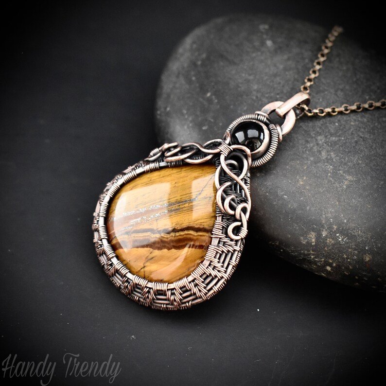 Tiger eye and black onyx double stone pendant, Copper wire wrapped necklace, Unique handmade gift, One of a kind artisan jewelry