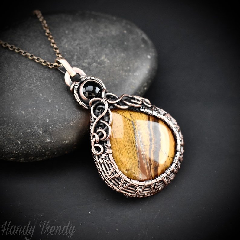 Tiger eye and black onyx double stone pendant, Copper wire wrapped necklace, Unique handmade gift, One of a kind artisan jewelry