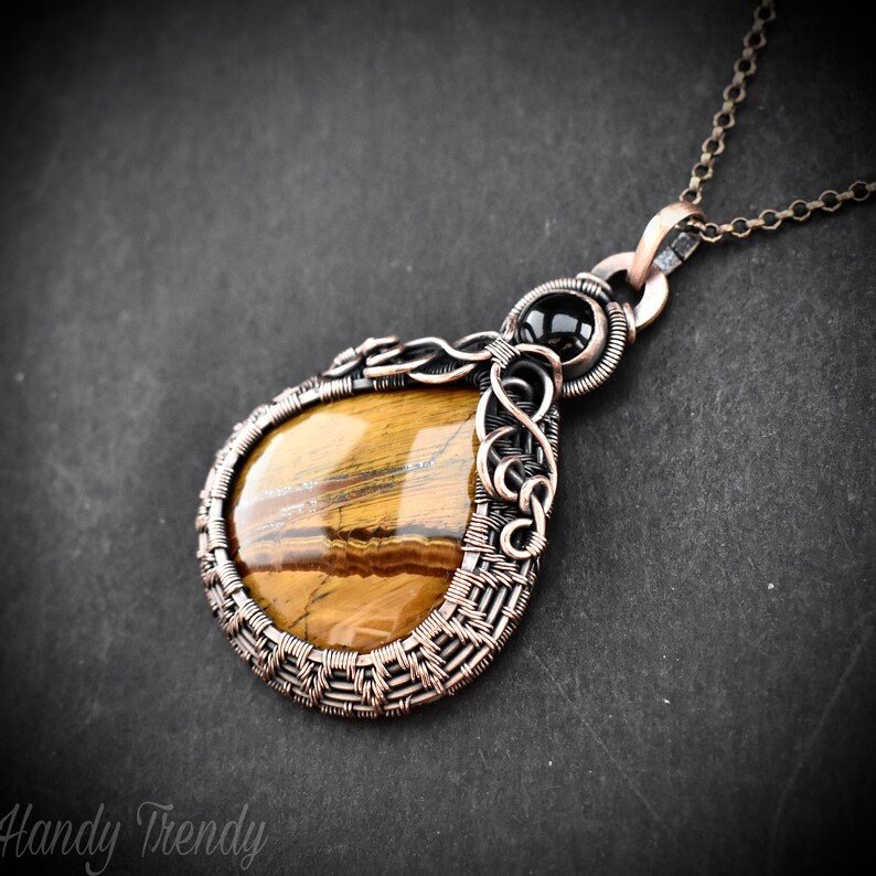 Tiger eye and black onyx double stone pendant, Copper wire wrapped necklace, Unique handmade gift, One of a kind artisan jewelry