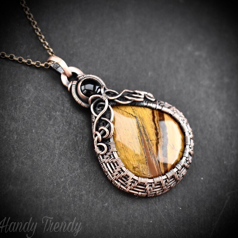 Tiger eye and black onyx double stone pendant, Copper wire wrapped necklace, Unique handmade gift, One of a kind artisan jewelry