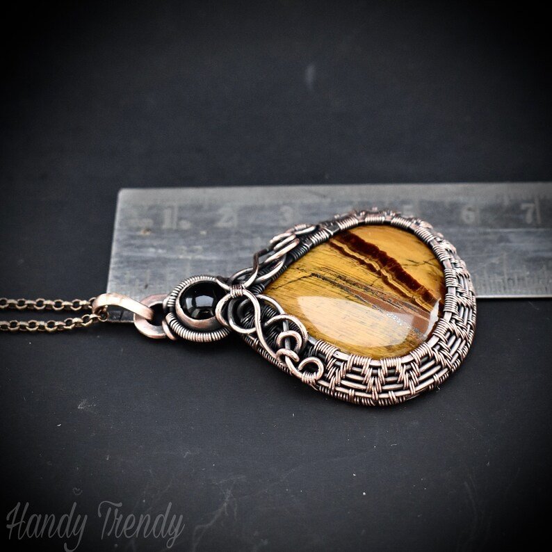 Tiger eye and black onyx double stone pendant, Copper wire wrapped necklace, Unique handmade gift, One of a kind artisan jewelry