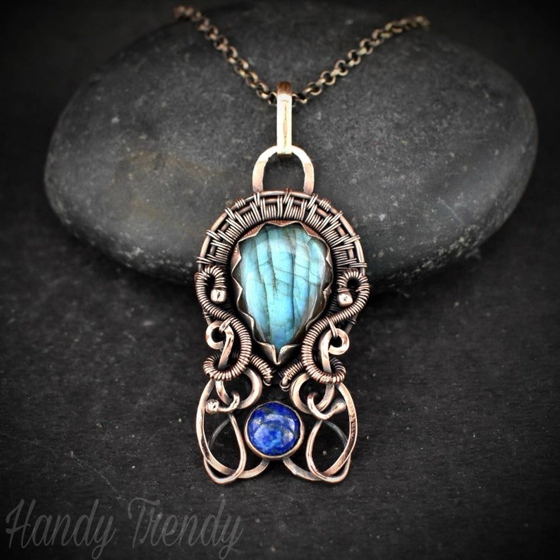 Blue labradorite and lapis lazuli double stone pendant, Copper wire wrapped jewelry, Unique handmade Gift, One of a kind artisan boho necklace