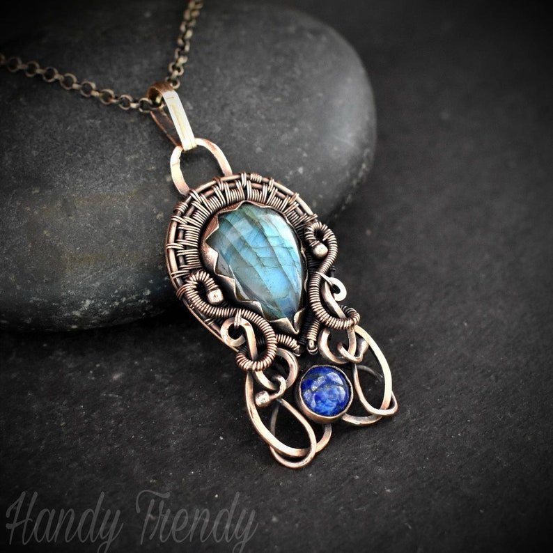 Blue labradorite and lapis lazuli double stone pendant, Copper wire wrapped jewelry, Unique handmade Gift, One of a kind artisan boho necklace