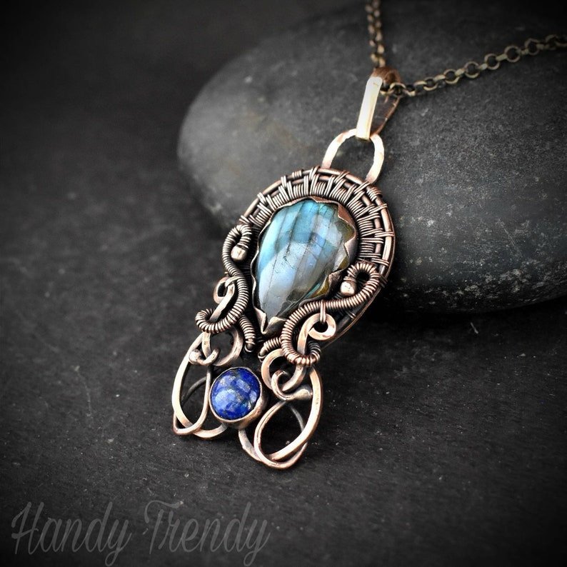 Blue labradorite and lapis lazuli double stone pendant, Copper wire wrapped jewelry, Unique handmade Gift, One of a kind artisan boho necklace