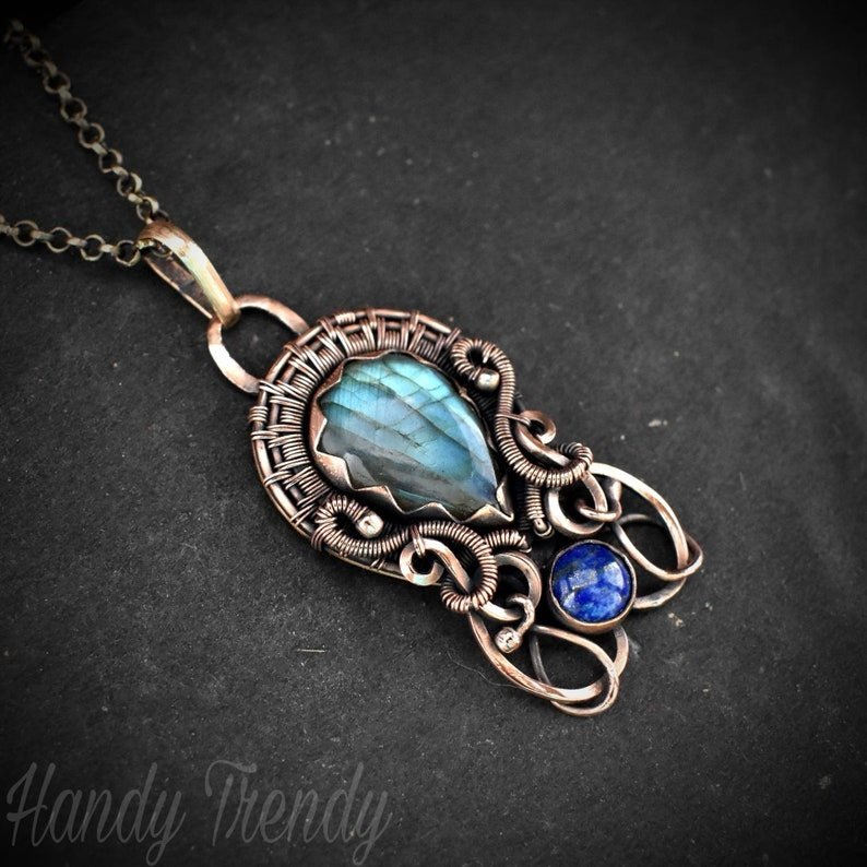 Blue labradorite and lapis lazuli double stone pendant, Copper wire wrapped jewelry, Unique handmade Gift, One of a kind artisan boho necklace